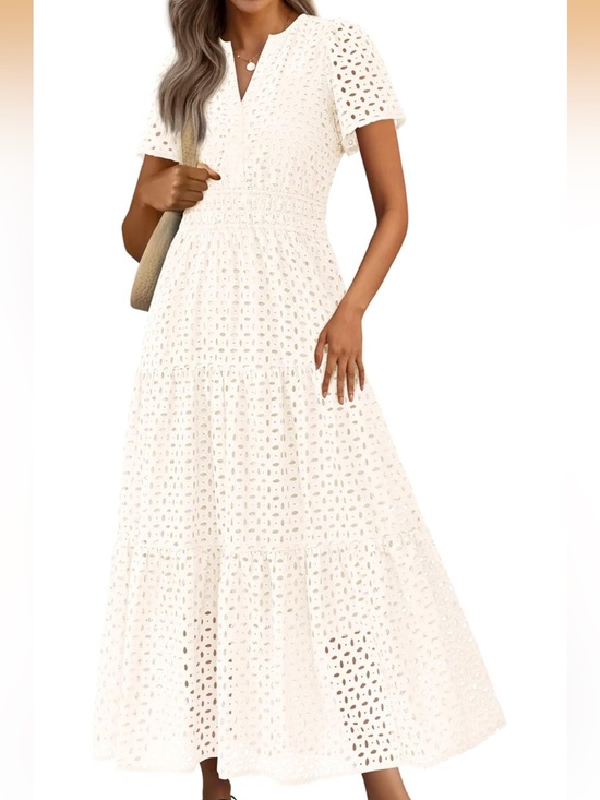 PrettyGarden Dresses & Skirts - Women's Ivory Eyelet Maxi Dress with Smocked Waist